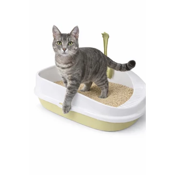 magasított macska alomtálca lapáttal zöld-fehér