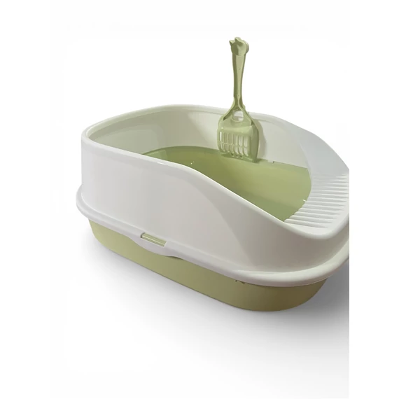 Magasított macska alomtálca lapáttal – Félig zárt kivitel (Zöld-fehér)