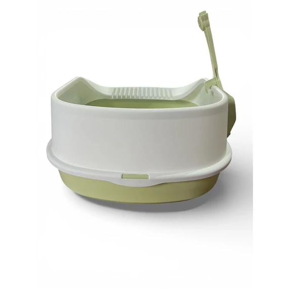 Magasított macska alomtálca lapáttal – Félig zárt kivitel (Zöld-fehér)